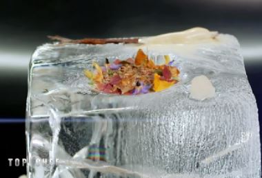 présentation glaçon, maquereau au barbecue, glace maquereau à l'azote